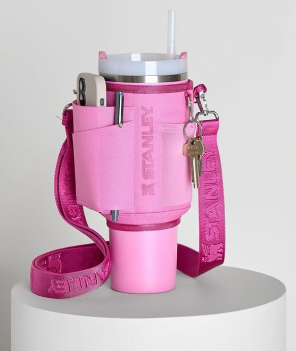 A pink cup with a strap and keys

Description automatically generated